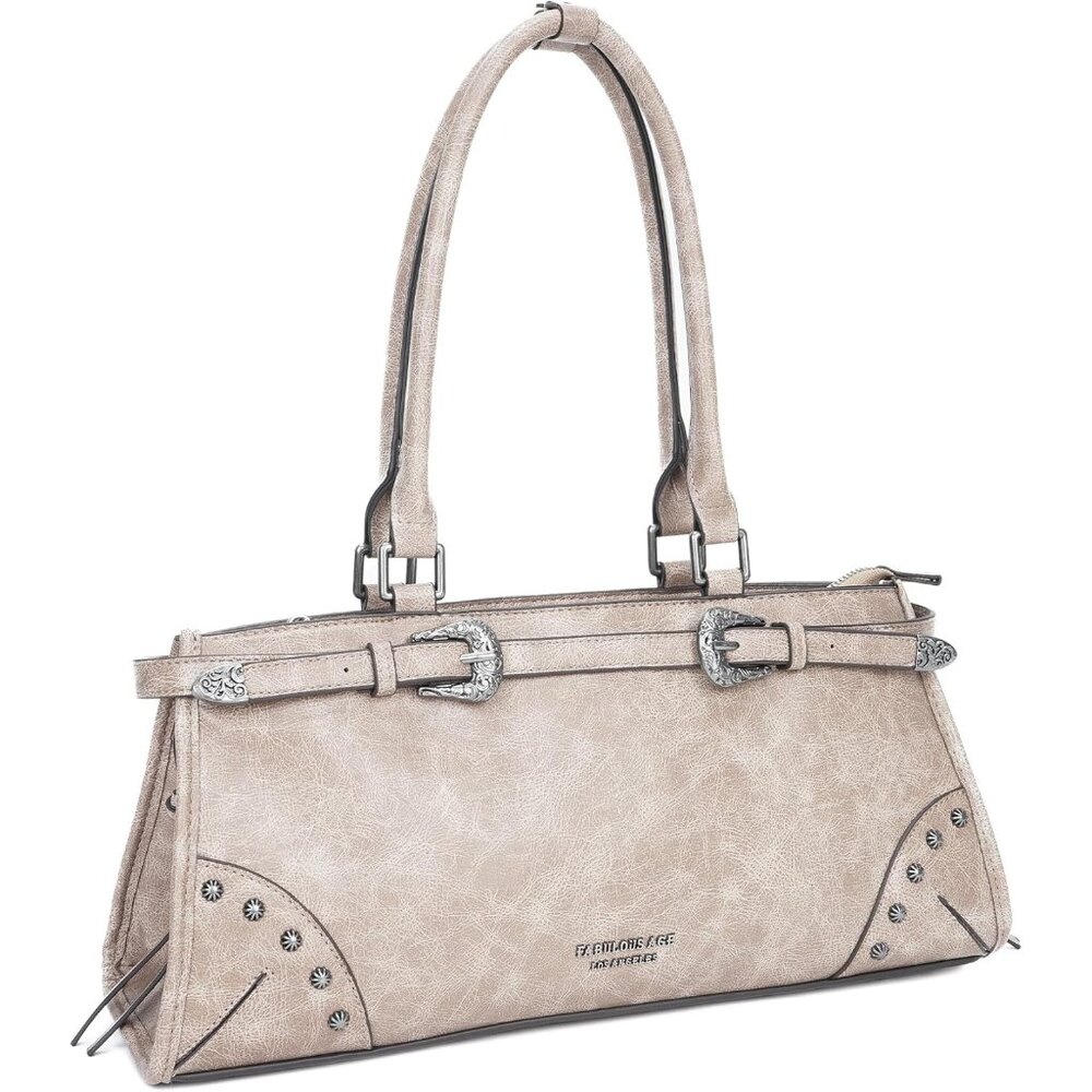 Women's Cream Large Shoulder Vegan Leather Trendy Satchel Travel Top Handle Bag